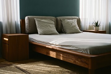 Obraz premium Modern Bedroom with Natural Wood Furniture
