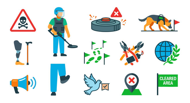 Bomb squad and landmine awareness icons in a flat colorful style