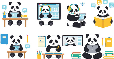 Cute panda studying and working online set with laptop, tablet, books and desk, education and remote learning cartoon vector illustration collection © Rumi