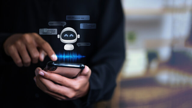 Person using smartphone with AI chatbot voice assistant and speech recognition interface.