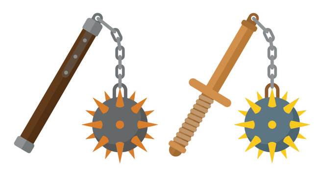 Two flails with spiked balls and wooden handles hanging on chains