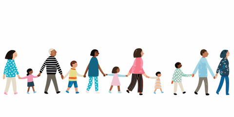 Fototapeta premium Diverse group of people holding hands in a line illustration
