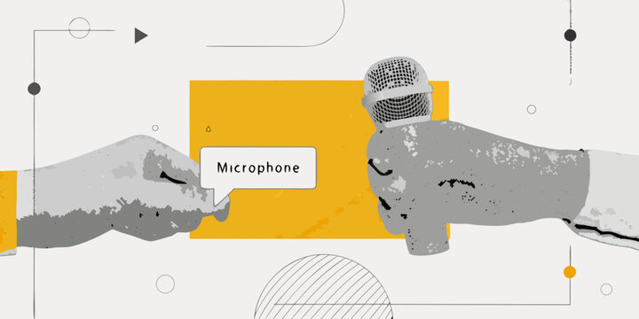 Illustration of hands presenting a microphone with a label