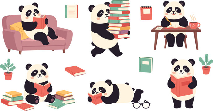 Cute panda reading and studying set with books, cozy sofa, desk and coffee, adorable cartoon animals learning and education vector illustration collection