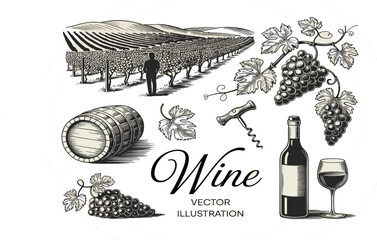 Obraz premium Vintage wine vector set featuring vineyard landscape, grape bunches, wooden barrel, bottle and corkscrew illustration