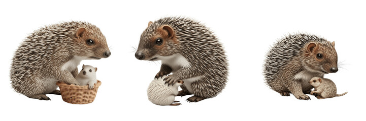Majestic European Hedgehog Erinaceus europaeus and Cute Hoglet Isolated on White Background  Trio of Spiny Wildlife Family Portraits for Nature Design, Education, and Forest Graphics © Freezan