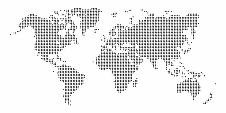 A dotted world map illustration in grayscale with continental outlines