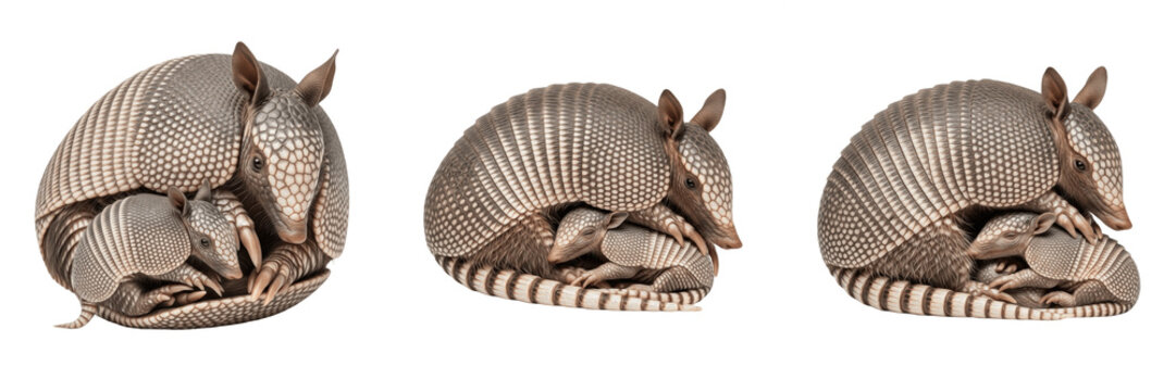 Majestic Nine-banded Armadillo Dasypus novemcinctus and Cute Pup Isolated on White Background; Trio of North and South American Wildlife Family Portraits for Nature Design and Graphics