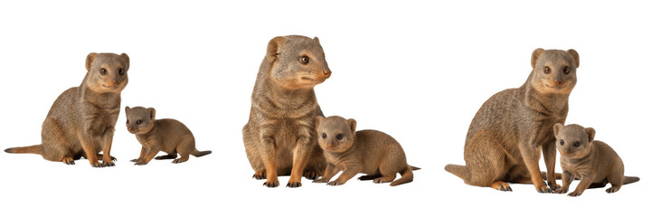 Fototapeta premium Majestic Slender Mongoose Herpestes sanguineus and Cute Pup Isolated on White Background; Trio of African Savannah Wildlife Family Portraits for Nature Design and Wilderness Graphics