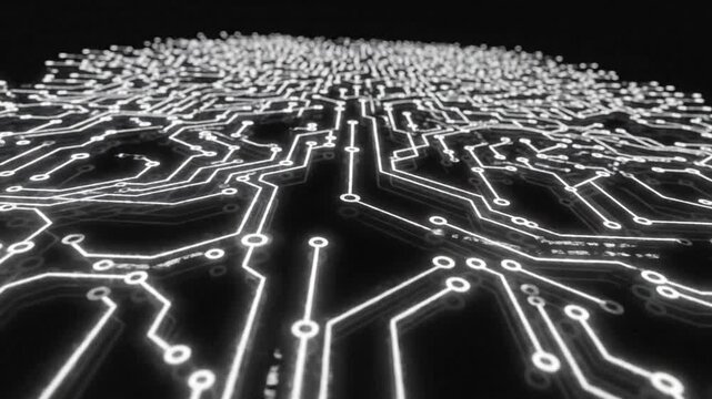 Abstract monochrome digital network diagram featuring interconnected nodes and elegant flowing lines representing artificial intelligence architecture or neural data processing systems.