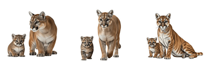 Majestic Mountain Lion Puma concolor and Cute Spotted Cub Isolated on White Background  Trio of North American Cougar Wildlife Family Portraits for Nature Design and Forest Graphics © Freezan