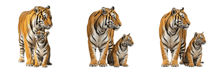 Obraz premium Bengal Tiger Panthera Tigris and Cute Cub Set Isolated on White Background, Adult Mother Tiger with Small Baby Cub Collection, Wildlife Animal Family Standing Front View Profile Pack