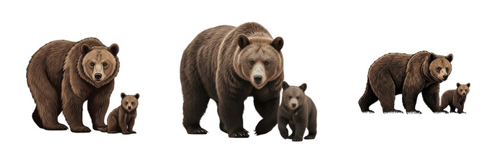 Brown Bear Ursus Arctos and Cute Cub Set Isolated on White Background, Adult Grizzly Mother with Small Baby Bear Cub Collection, Wildlife Animal Family Standing Front View Profile Pack © Freezan
