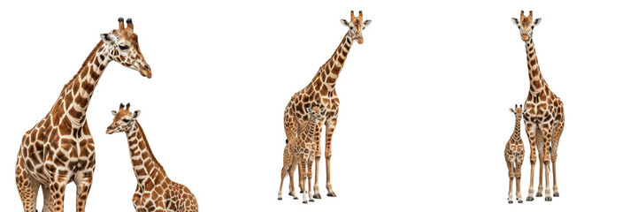 Obraz premium Giraffe Giraffa Camelopardalis and Cute Calf Set Isolated on White Background, Adult Mother Giraffe with Small Baby Calf Collection, African Wildlife Animal Family Standing Side View