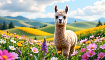 Fototapeta premium Cute Baby Alpaca Amid Vibrant Wildflower Field