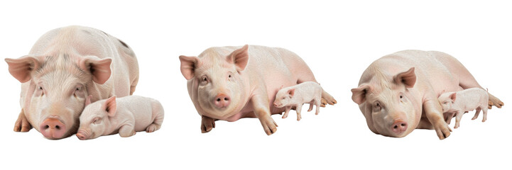 Domestic Pig Sus Scrofa Domesticus and Cute Piglet Set Isolated on White Background, Adult Sow with Small Baby Piglet Collection, Pink Farm Animal Swine Family Sitting Side View Pack © Freezan