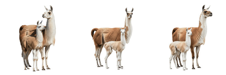 Llama Lama glama Family Collection, Group of Adult and Young Llama Cria Isolated on White Background for Wildlife Illustration, Nature Education and Research © AseelDin