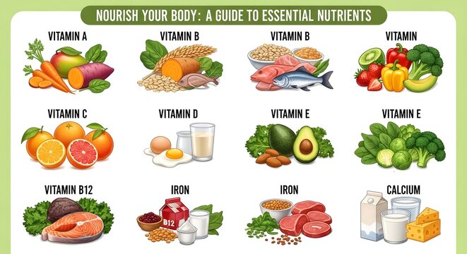 Essential vitamins and nutrients guide with fresh fruits vegetables and dairy products infographic
