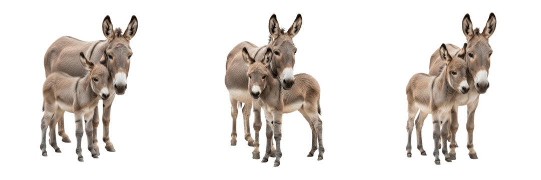 Donkey Equus africanus asinus Family Collection, Group of Adult and Young Donkey Foal Isolated on White Background for Wildlife Illustration, Nature Education and Research