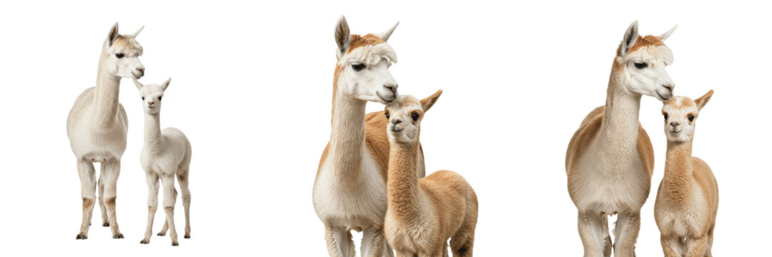 Alpaca Vicugna pacos Family Collection, Group of Adult and Young Alpaca Cria Isolated on White Background for Wildlife Illustration, Nature Education and Research