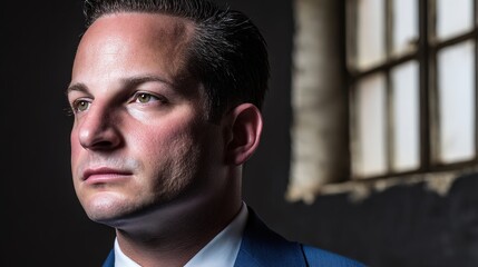 Fototapeta premium Poised Confidence: A portrait of a man, exuding quiet strength and determination, illuminated by natural light filtering through a nearby window.