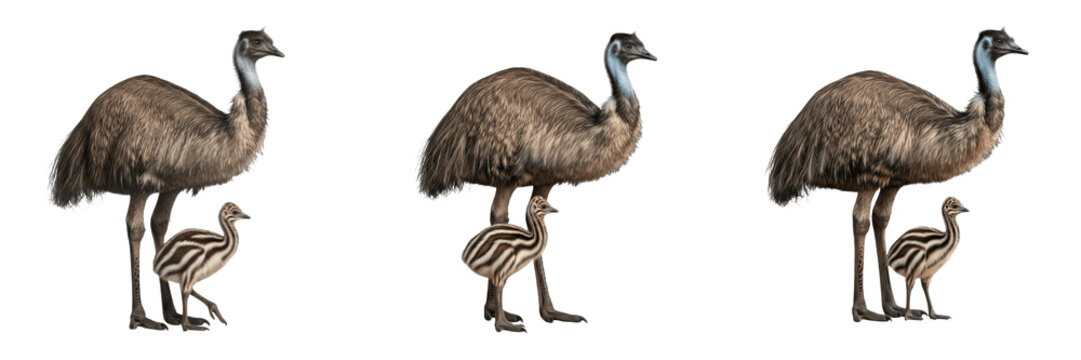 Emu Dromaius novaehollandiae Family Collection, Group of Adult and Young Striped Emu Chick Isolated on White Background for Wildlife Illustration, Nature Education and Research
