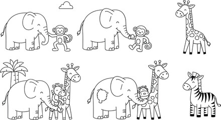 Cute safari animals line art set with elephant monkey giraffe zebra cartoon vector illustration collection © nice