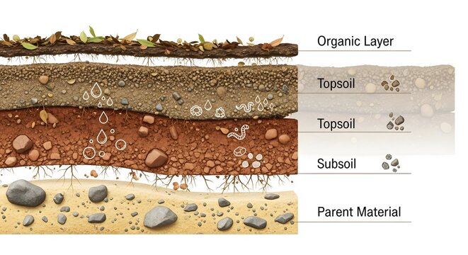 Soil layers cross section diagram organic topsoil subsoil agriculture science
