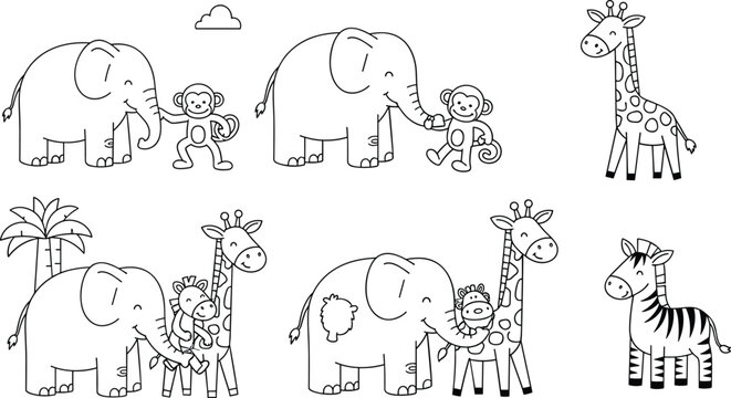Cute safari animals line art set with elephant monkey giraffe zebra cartoon vector illustration collection