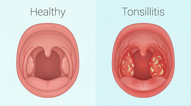 Healthy Throat vs Tonsillitis Medical Illustration