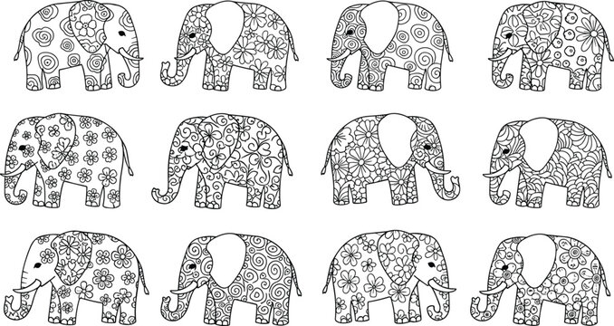 Decorative elephant patterns set with floral mandala ornaments line art animal vector illustration collection