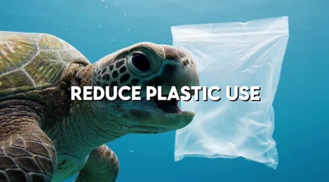An endangered sea turtle encounters a harmful plastic bag in the ocean, urging reduction of plastic use.