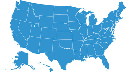 Fototapeta premium Vector map of United States of America with all fifty state borders in blue color for geography education and travel