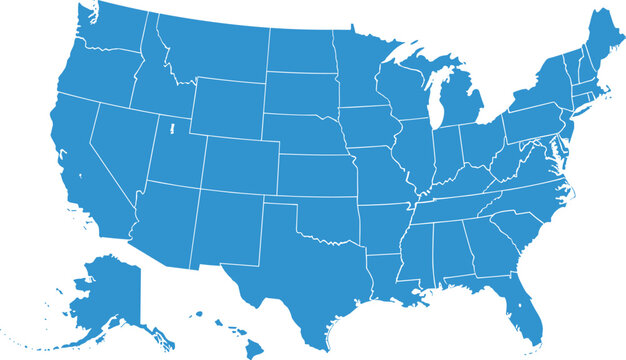 Vector map of United States of America with all fifty state borders in blue color for geography education and travel