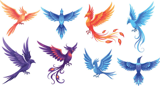 Fantasy phoenix birds collection with colorful fire wings mythical creatures cartoon vector illustration set