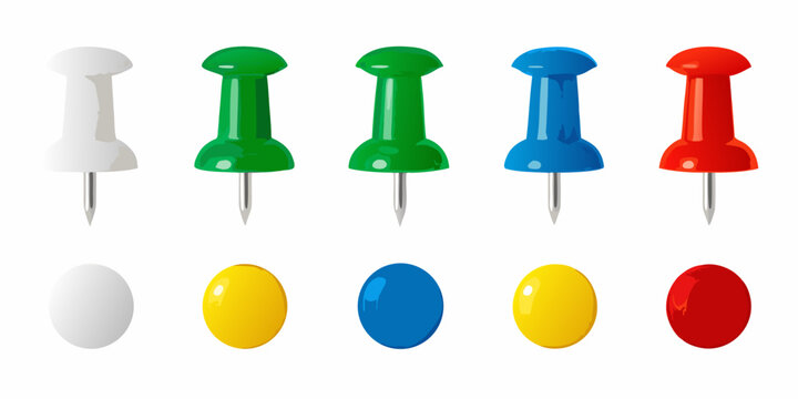 Colorful push pins and thumbtacks arranged in a neat row