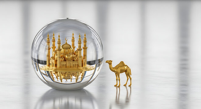 A golden miniature mosque inside a clear glass sphere with a golden camel figurine beside it.