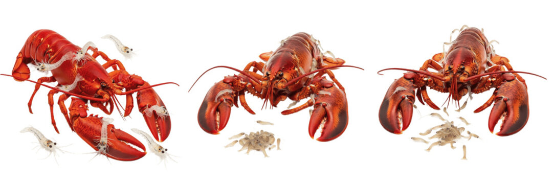 Red Lobster with Tiny Larvae Isolated on White Background - Marine Life Cycle Illustration Featuring American Lobster Crustacean, Seafood Nature Photography, and Ocean Wildlife Art