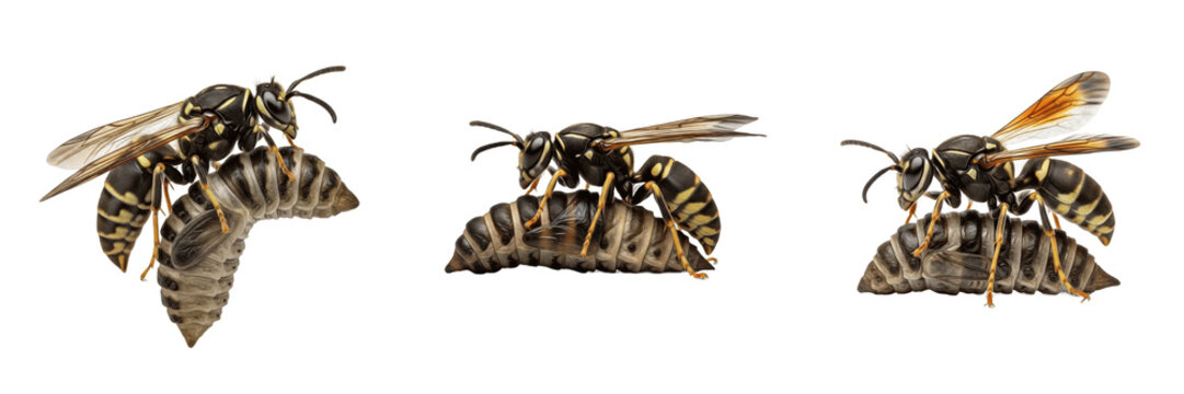 Yellowjacket Wasp with Larva Isolated on White Background - Macro Insect Photography Featuring Paper Wasp Life Cycle, Predatory Behavior, Entomological Study, and Nature Illustration