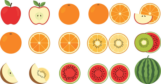 Fresh fruit slices set with apple orange kiwi watermelon melon healthy food flat vector illustration collection