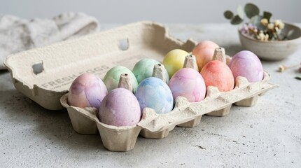 Fototapeta premium A carton of ten delicately colored pastel Easter eggs arranged for display