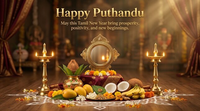 Happy puthandu tamil new year celebration with traditional fruits and diyas