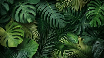 Fototapeta premium 11.Dense arrangement of layered tropical foliage with overlapping monstera, palm and banana leaves, deep greens with soft gradients, subtle highlights creating lush depth, seamless nature background