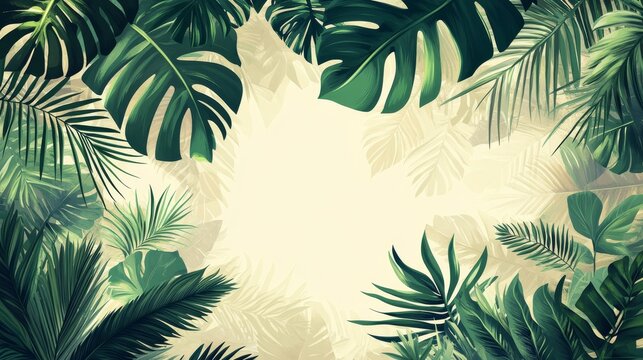 12.Luxurious canopy of tropical leaves illustrated in rich green tones, organic shadows giving volume, airy spacing between fronds, modern vector design suited for summer atmosphere and natural