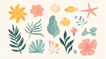 Obraz premium 18.Retro summer elements illustrated in simple boho style: blooming floral icons, sun symbols, sea curves and minimalist beach accents, soft grain texture, soothing pastel tones for nostalgic holiday