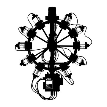 CTD Rosette Silhouette: Oceanographic Water Sampling Frame, Deep Sea Research and Marine Science Equipment Vector Icon.
