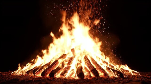 A blazing bonfire in the dark night. Flames rise high with flying embers, lighting up logs