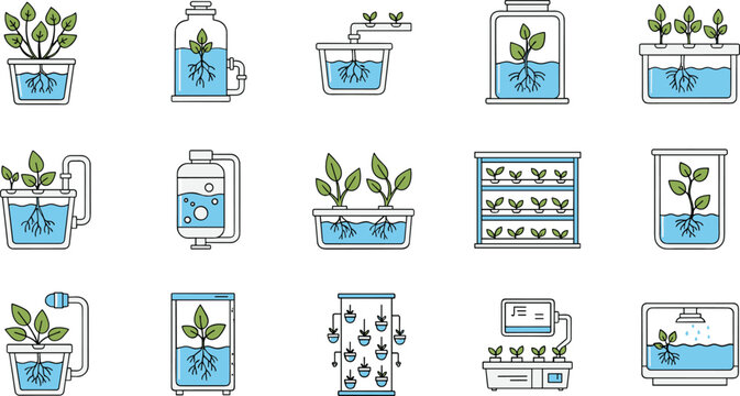 Hydroponic farming system set with plant growth water cultivation smart agriculture cartoon vector illustration collection