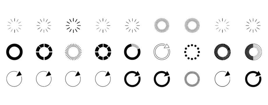 collection of loading and buffering vectors, circular progress icons, spinning wait symbols, website preloader graphics, animated interface elements, user experience design icons, web page loading