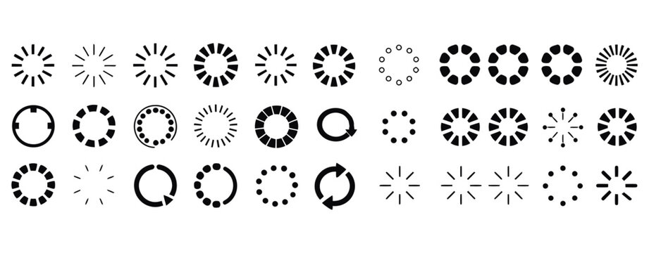 collection of loading and buffering vectors, circular progress icons, spinning wait symbols, website preloader graphics, animated interface elements, user experience design icons, web page loading